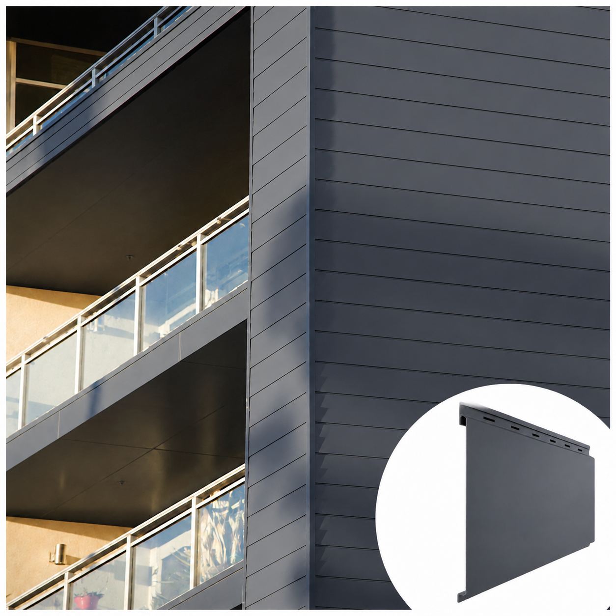 Dark gray aluminum siding on modern building exterior