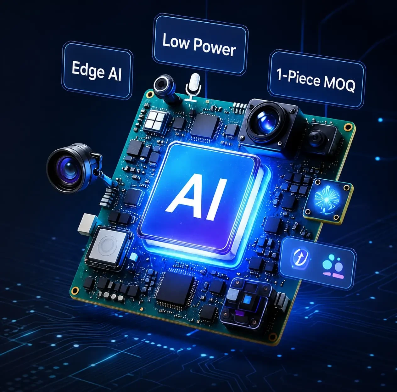 Glowing AI chip on a dark PCB board tech visual