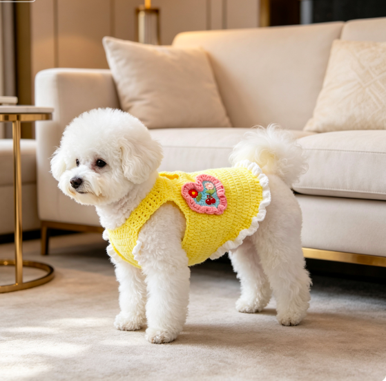Hand Crochet Yellow Heart Cherry Dog Vest | Ruffle Sleeveless Outfit for Teddy Bichon Schnauzer Smal 4