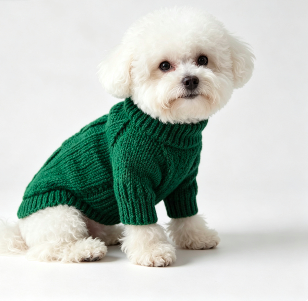 Forest Green Thick Cable-Knit Turtleneck Dog Sweater for Small Pets 4