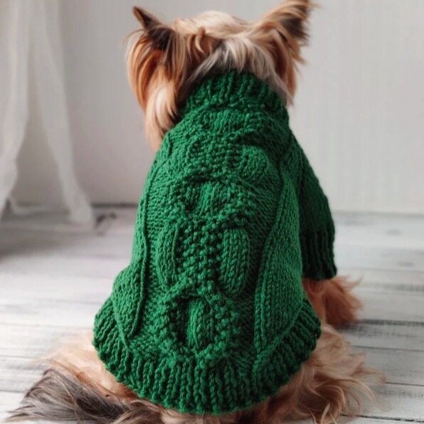 Forest Green Thick Cable Knit Turtleneck Dog Sweater for Small Pets