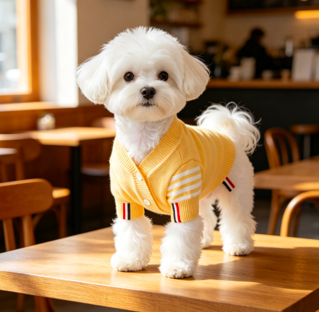 Yellow V-Neck Button Knit Dog Cardigan with Striped Cuffs for Small Dogs 5