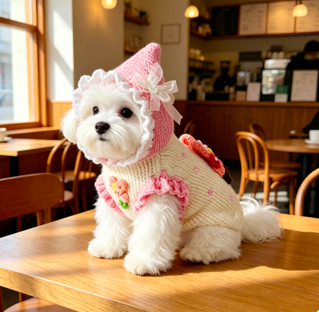 Handmade Pink Hooded Dog Knit Sweater with 3D Floral Bear Decoration for Small Pets 2