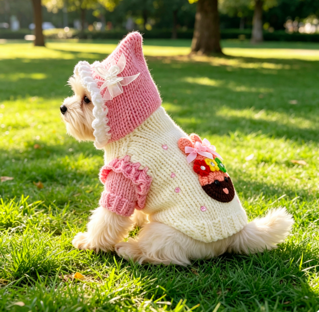 Handmade Pink Hooded Dog Knit Sweater with 3D Floral Bear Decoration for Small Pets 4