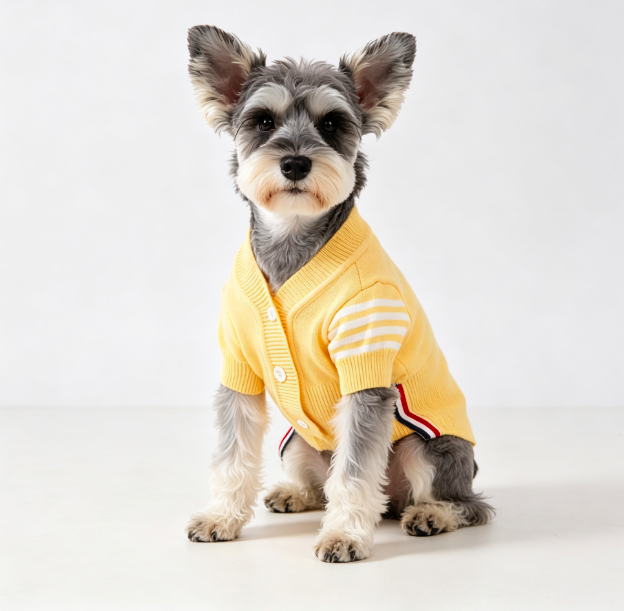 Yellow V-Neck Button Knit Dog Cardigan with Striped Cuffs for Small Dogs