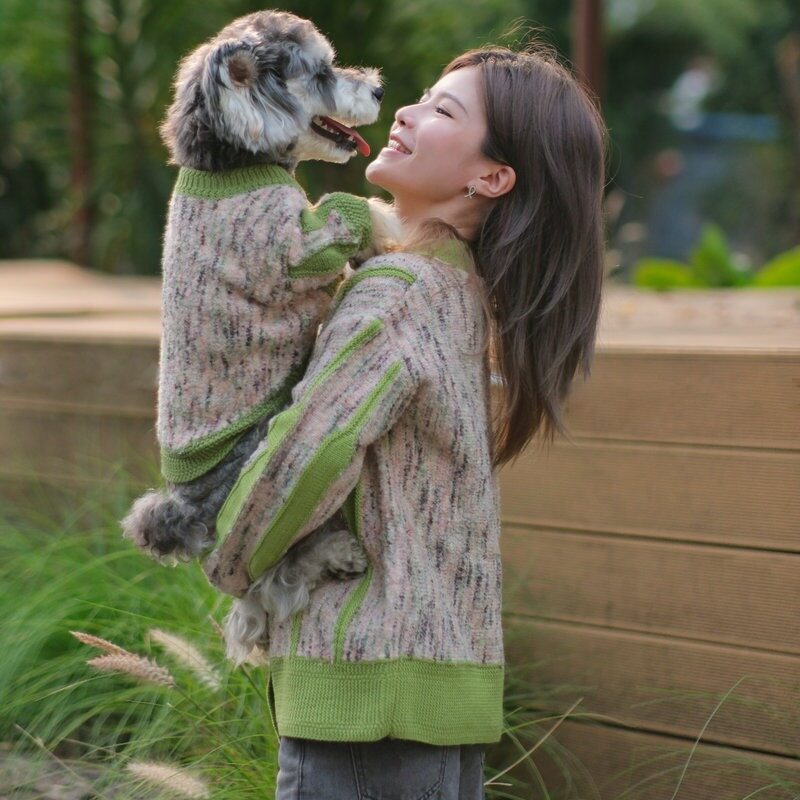 Mixed Color Marled Green Trim Matching Human & Dog Knit Sweater Family Set