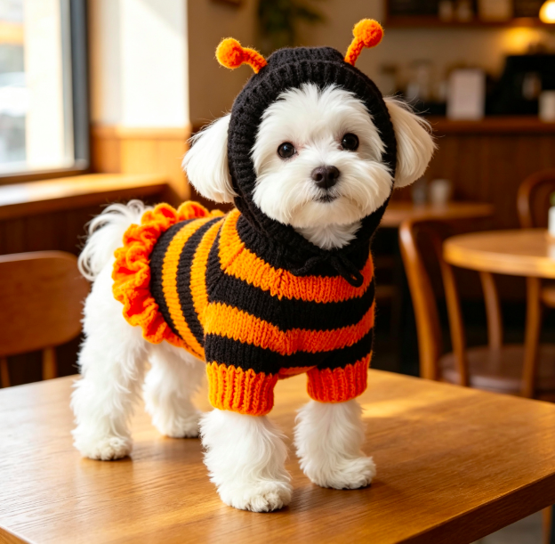 Halloween Bee-Striped Hooded Knit Dog Sweater with Ruffle Skirt for Small Dogs 4
