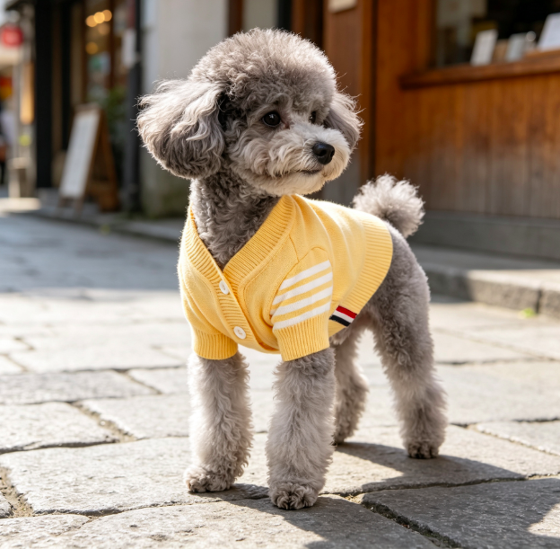 Yellow V-Neck Button Knit Dog Cardigan with Striped Cuffs for Small Dogs 4