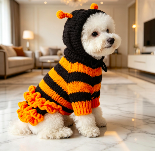 Halloween Bee-Striped Hooded Knit Dog Sweater with Ruffle Skirt for Small Dogs 3