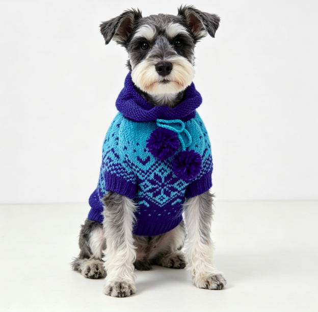Blue Gradient Snowflake Jacquard Hooded Knit Dog Sweater with Pom Pom Decor