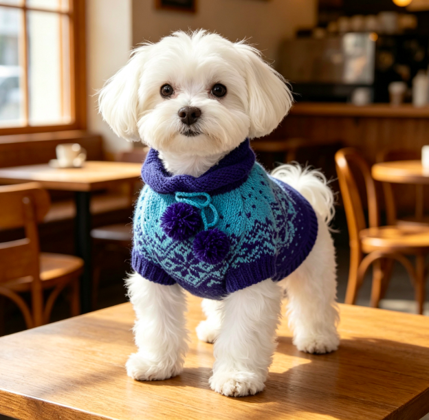 Blue Gradient Snowflake Jacquard Hooded Knit Dog Sweater with Pom Pom Decor 2