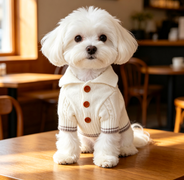 White Cable-Knit Button Dog Cardigan with Grey Striped Trim for Small Dogs 4