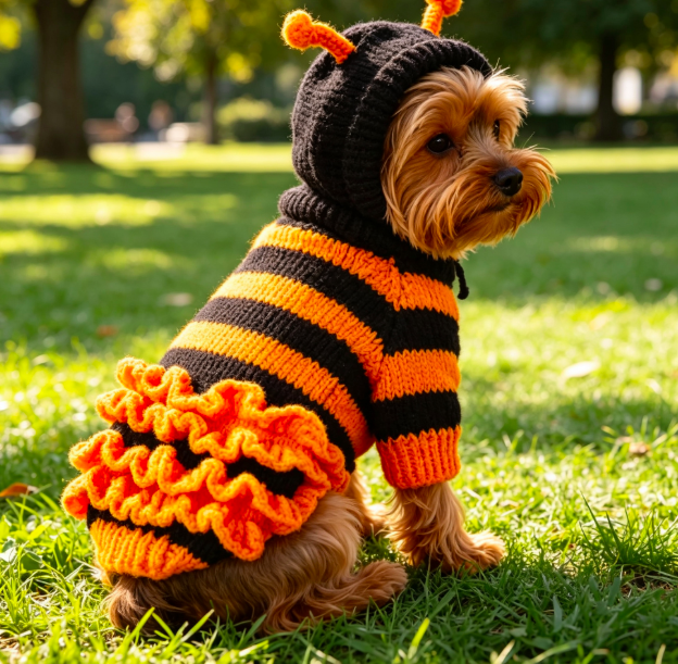 Halloween Bee-Striped Hooded Knit Dog Sweater with Ruffle Skirt for Small Dogs 2