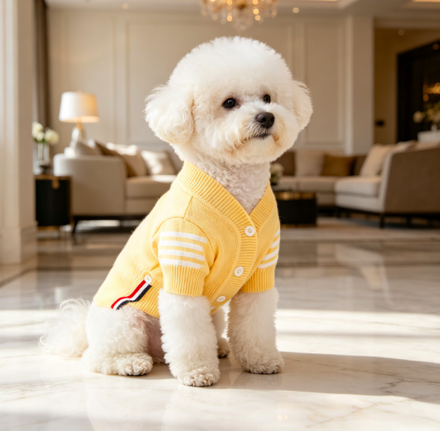 Yellow V-Neck Button Knit Dog Cardigan with Striped Cuffs for Small Dogs 3