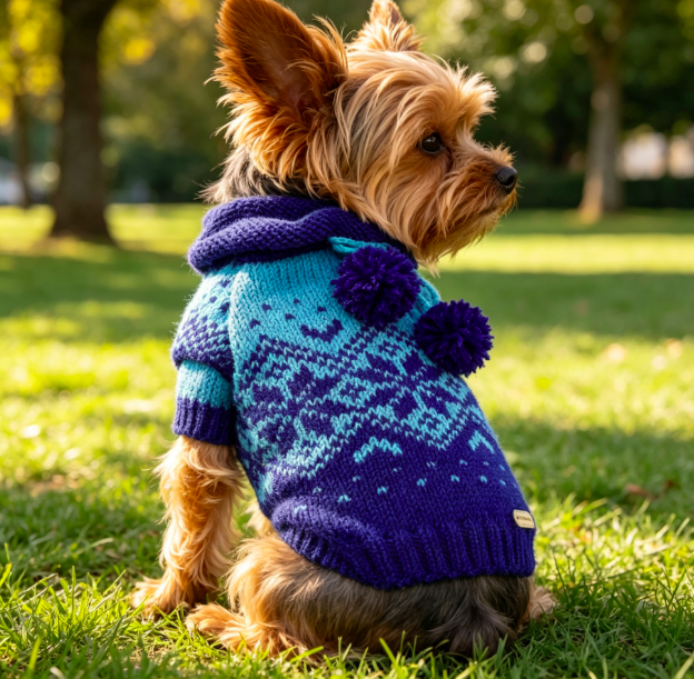 Blue Gradient Snowflake Jacquard Hooded Knit Dog Sweater with Pom Pom Decor 4