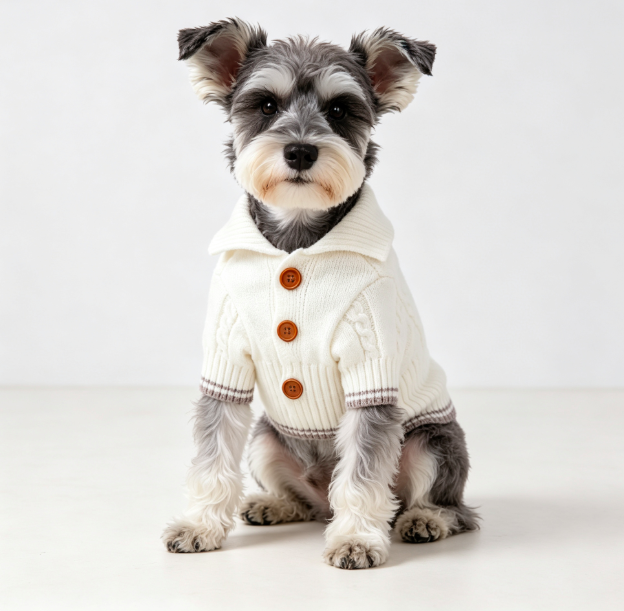 White Lapel Cable Knit Button Dog Cardigan with Grey Striped Trim for Small Dogs