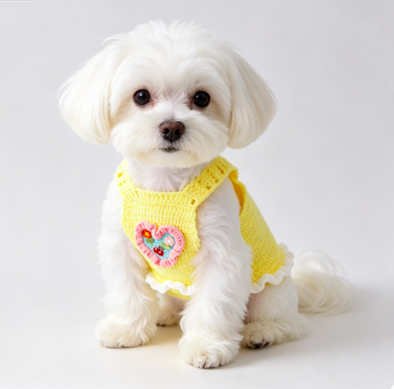 Hand Crochet Yellow Heart Cherry Dog Vest | Ruffle Sleeveless Outfit for Teddy Bichon Schnauzer Smal 3