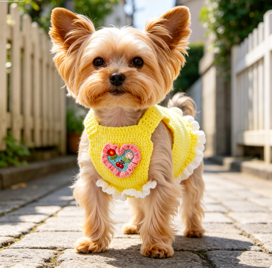 Hand Crochet Yellow Heart Cherry Dog Vest | Ruffle Sleeveless Outfit for Teddy Bichon Schnauzer Smal 2