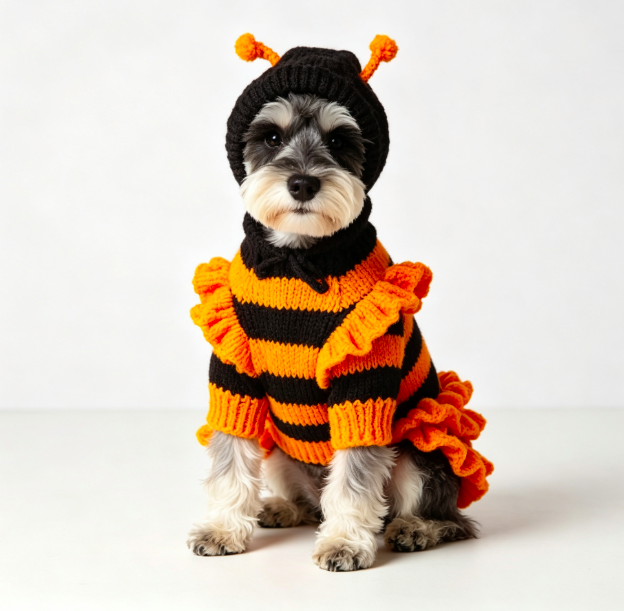 Halloween Bee Striped Hooded Knit Dog Sweater with Ruffle Skirt for Small Dogs