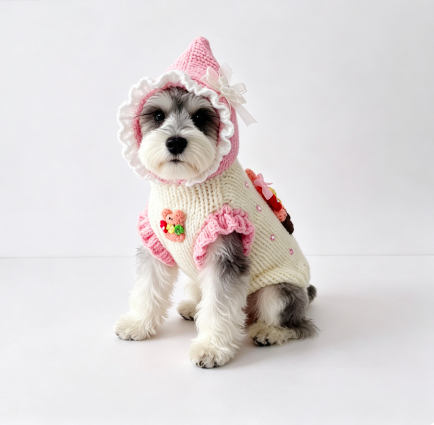 Handmade Pink Hooded Dog Knit Sweater with 3D Floral Bear Decoration for Small Pets 3