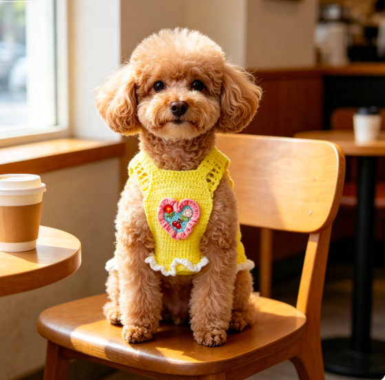 Hand Crochet Yellow Heart Cherry Dog Vest | Ruffle Sleeveless Outfit for Teddy Bichon Schnauzer Smal