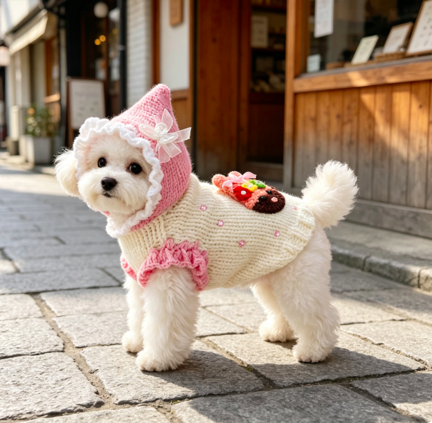Handmade Pink Hooded Dog Knit Sweater with 3D Floral Bear Decoration for Small Pets
