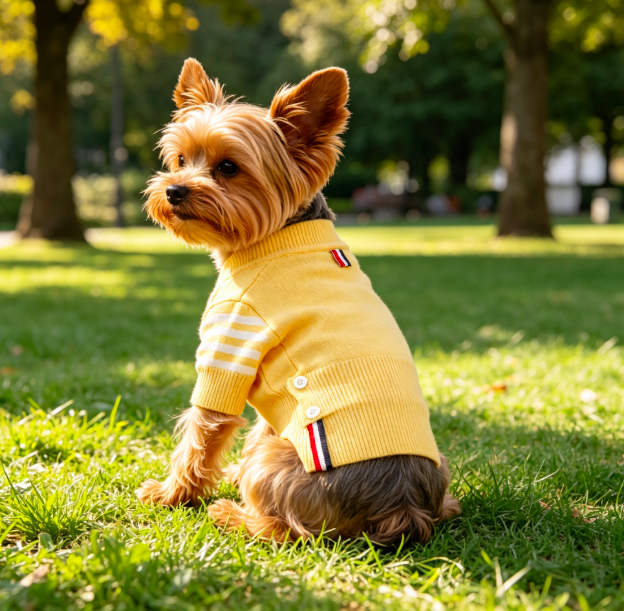 Yellow V-Neck Button Knit Dog Cardigan with Striped Cuffs for Small Dogs 2