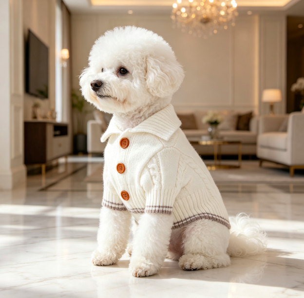 White Cable-Knit Button Dog Cardigan with Grey Striped Trim for Small Dogs 3