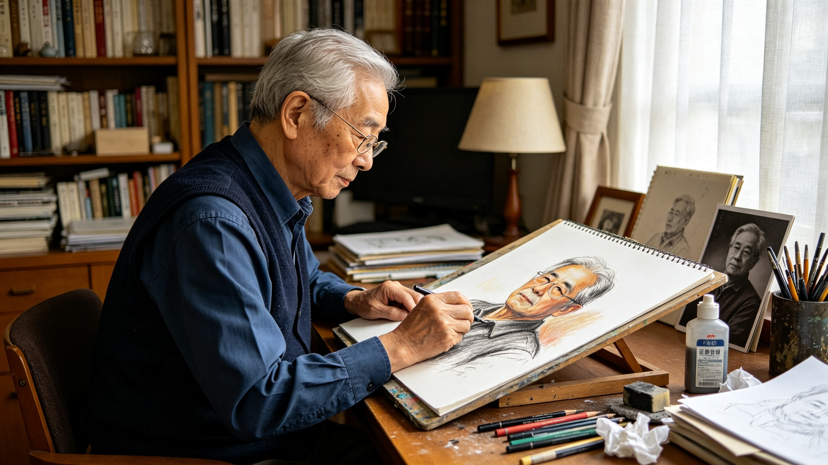 77歲李先生零基礎從「西洋素描」開始學習直到能畫「彩炭畫」的故事