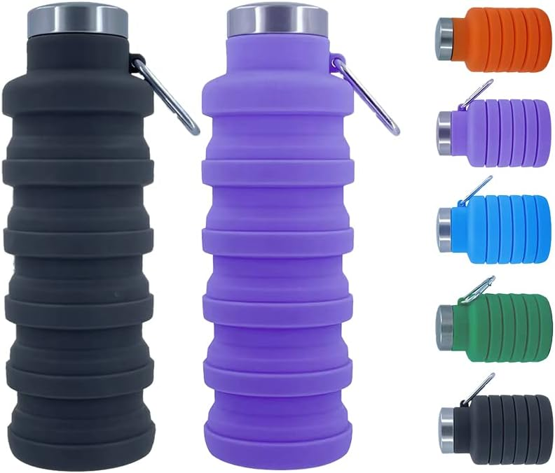 Collapsible Silicone Water Bottle, BPA‑Free w/ Carabiner, Reusable Foldable Sports Bottle for Travel
