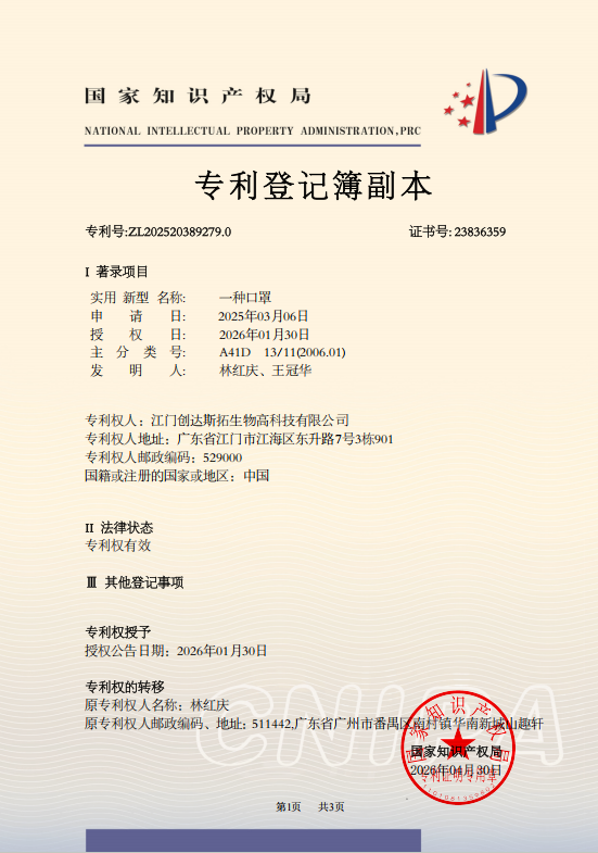 专利登记簿副本证书展示