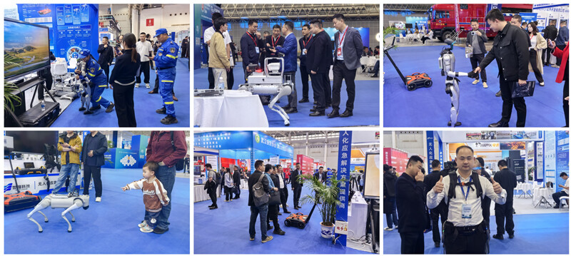 Visitors experience bionic emergency exoskeletons at the exhibition.