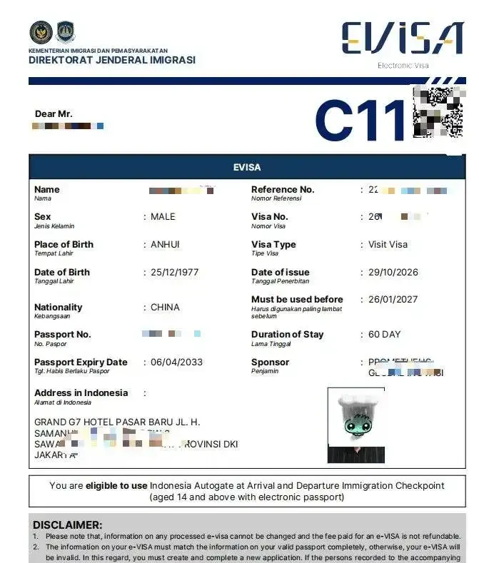 Indonesia C11 Visit Visa (EVISA) Approval Document