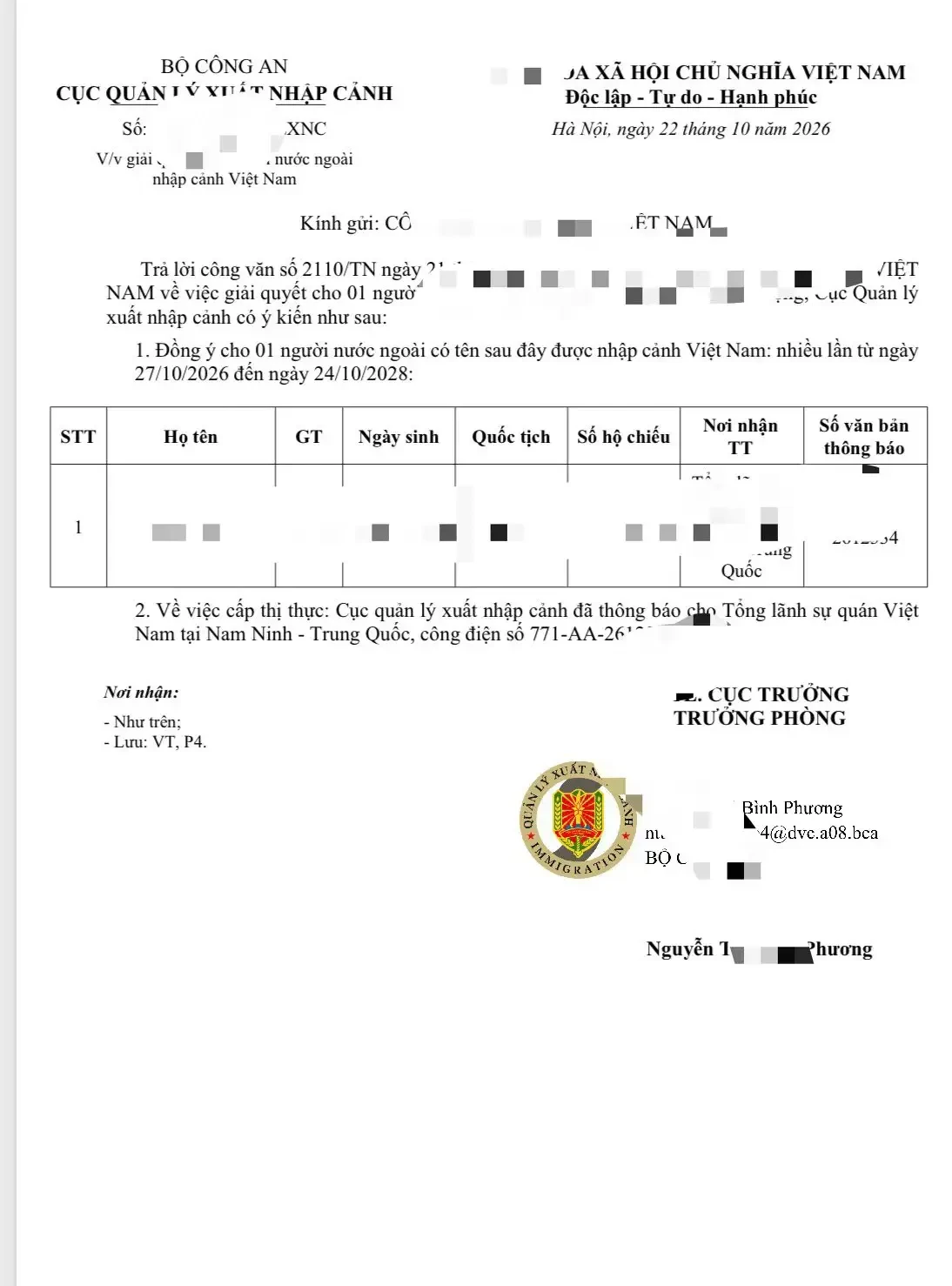 Vietnam Work Visa (Multiple Entry Approval Letter) - Visa Granting Document