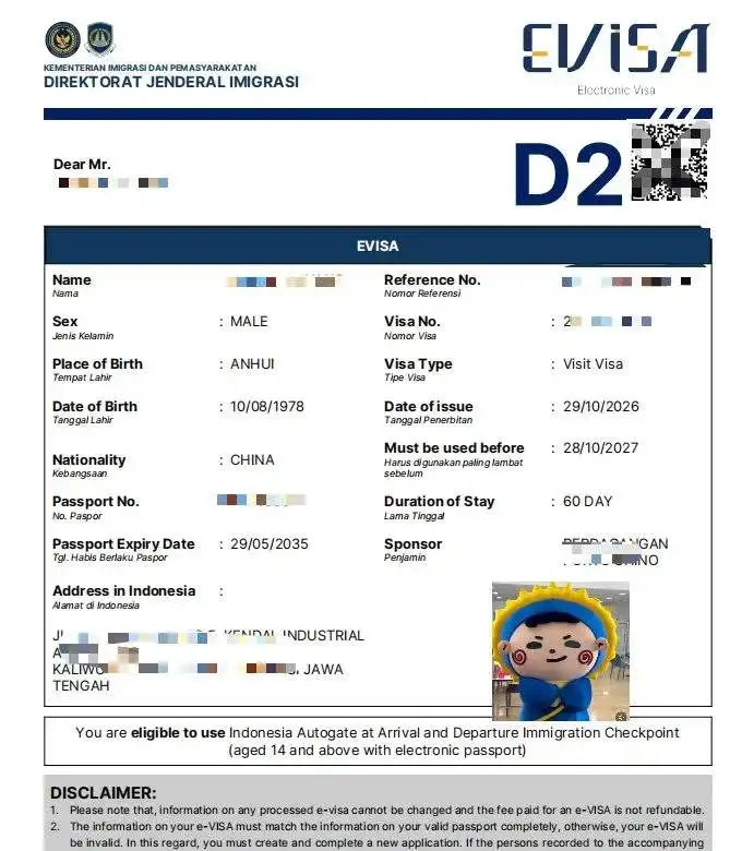 Indonesia D2 Visit Visa (eVISA) Approval Letter