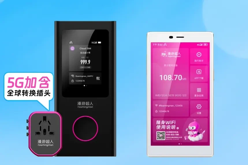 漫游超人随身 WiFi 设备、全球转换插头与便携终端产品图