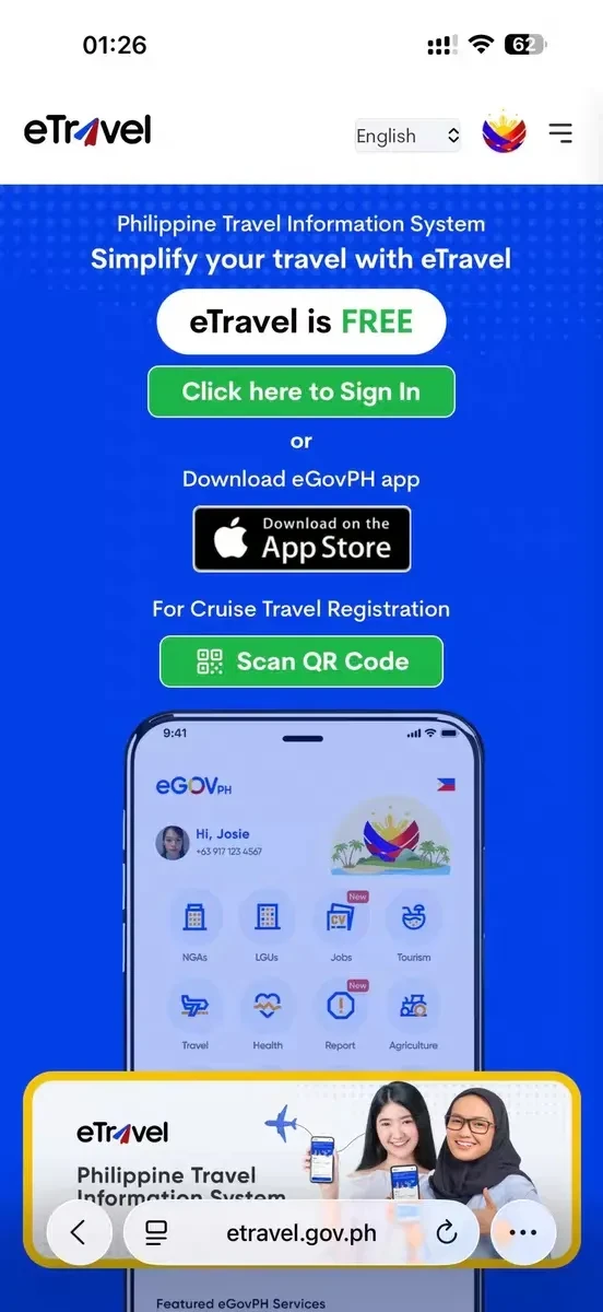 eTravel 官方系统（etravel.gov.ph）操作界面示意，官方填写不收费
