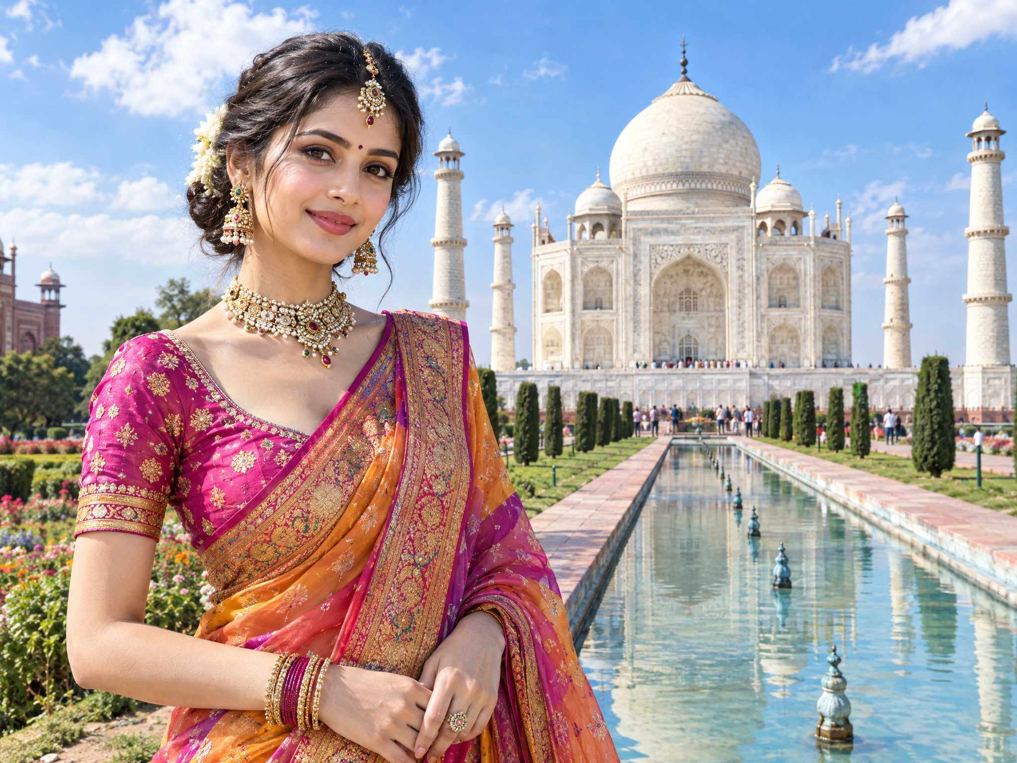 Indian woman in a sari touring the Taj Mahal