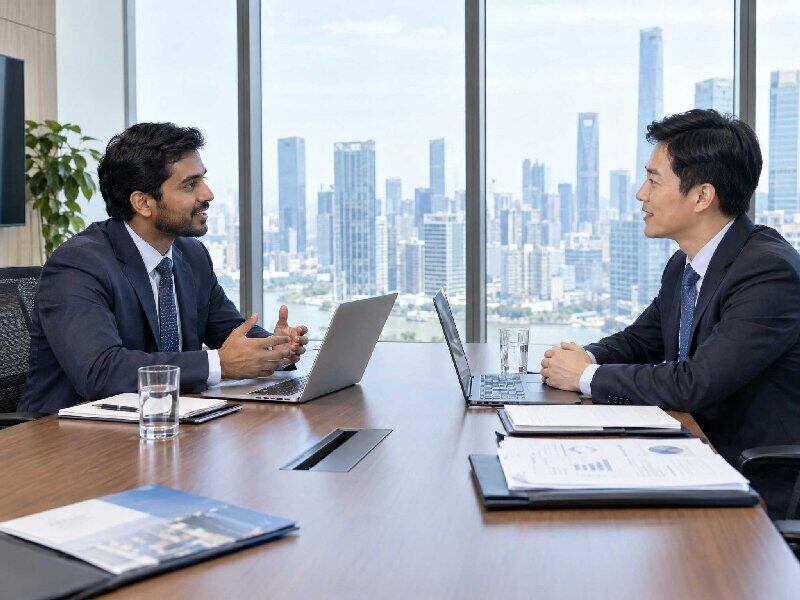 Business representatives from China and India discuss an India business travel plan in a meeting room.
