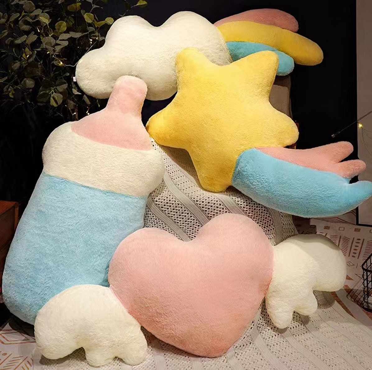 Wishing Star Rainbow Cloud Wing Heart Milk Bottle Plush Pillow