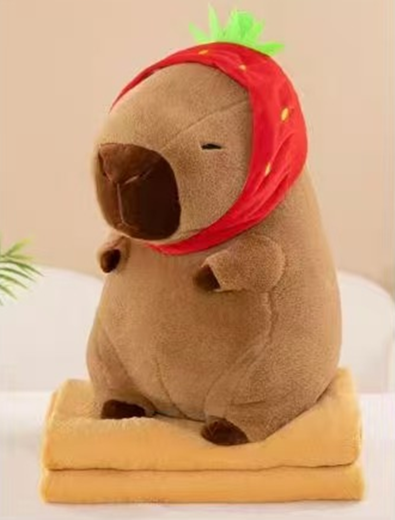 Strawberry Hat Capybara Plush Toy Blanket