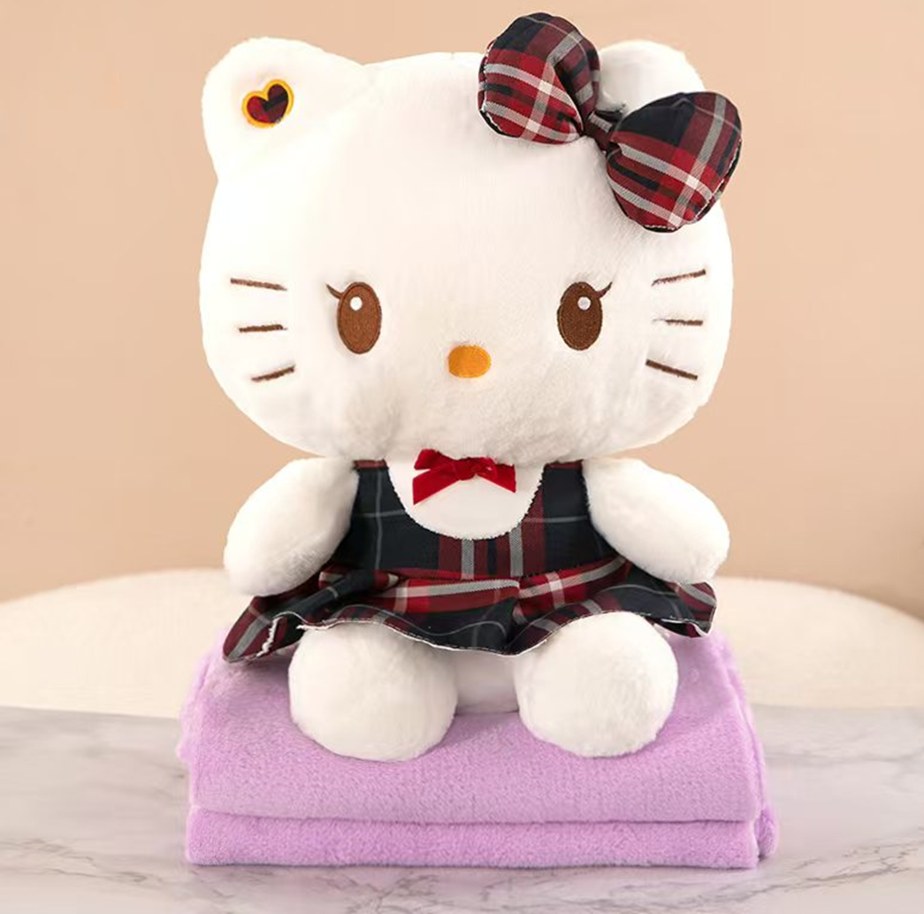 Plaid KT Cat Plush Toy Blanket