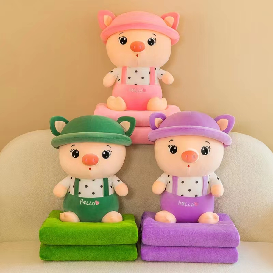 Pig Plush Toy with Suspenders Blanket