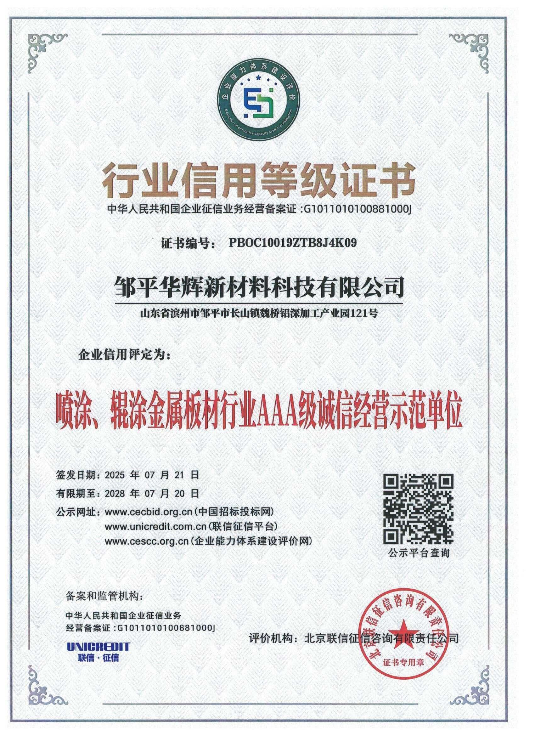 Industry Credit Rating Certificate - Huahui New Material's Corporate Honors and Qualifications