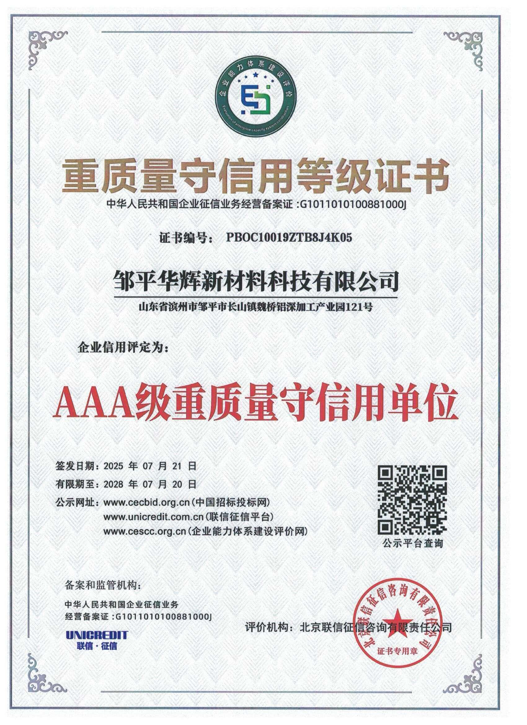 Quality-First, Creditworthy Enterprise Certificate – Huahui New Materials Honors & Certifications
