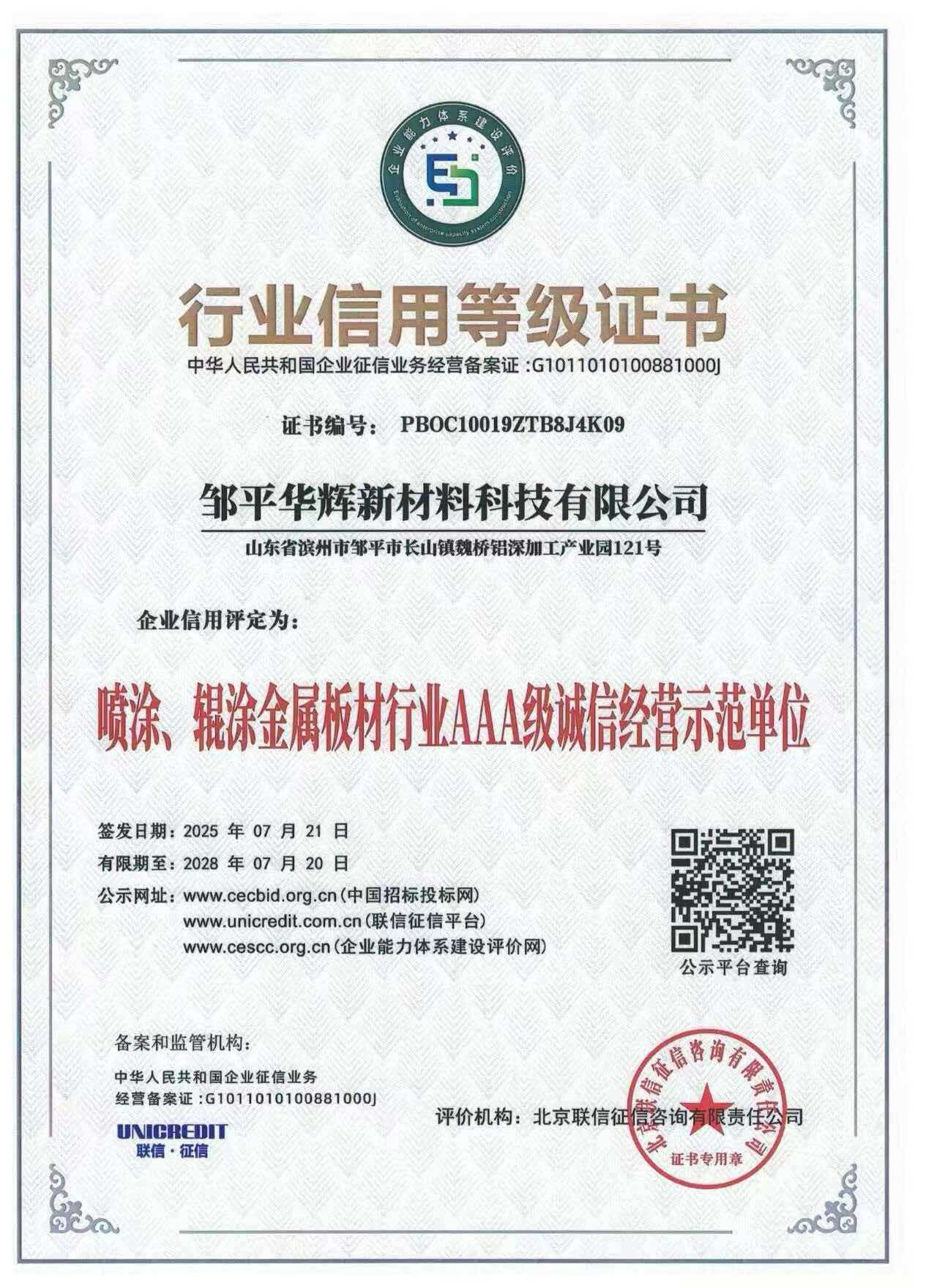 Industry Credit Rating Certificate - Huahui New Material's Corporate Honors and Qualifications