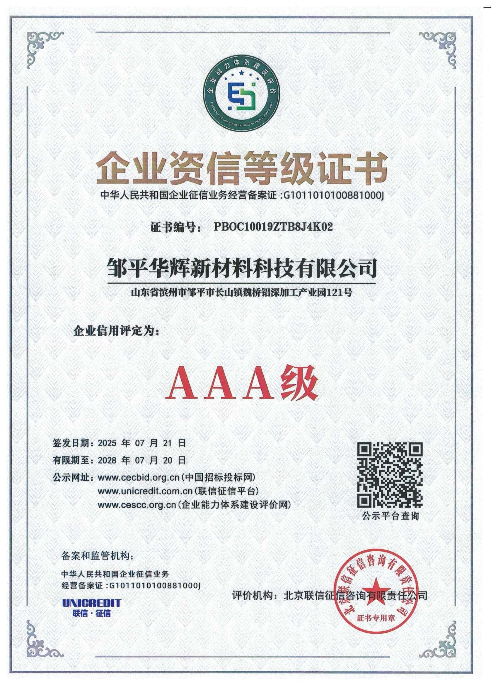 Corporate Credit Rating Certificate - Huahui New Materials Corporate Honors and Qualifications