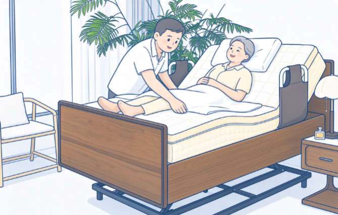 家属在床边轻柔陪伴扶助长辈的温馨画面