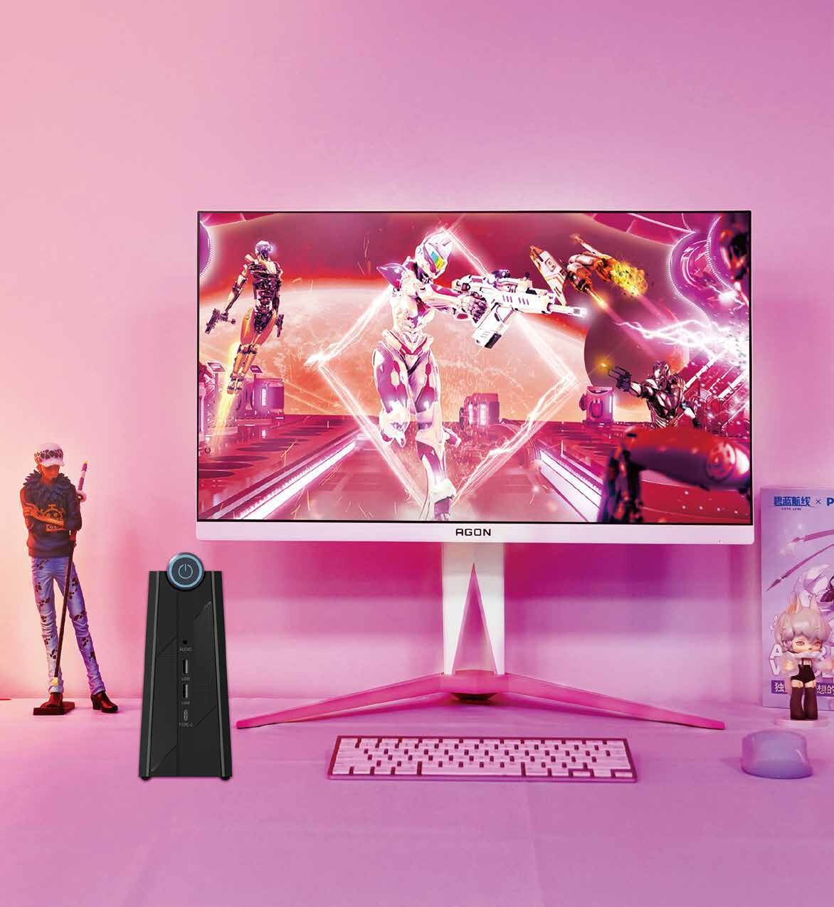 AOC M9 setup illustration (monitors and accessories shown for context, supplied configuration confirmed by quotation)