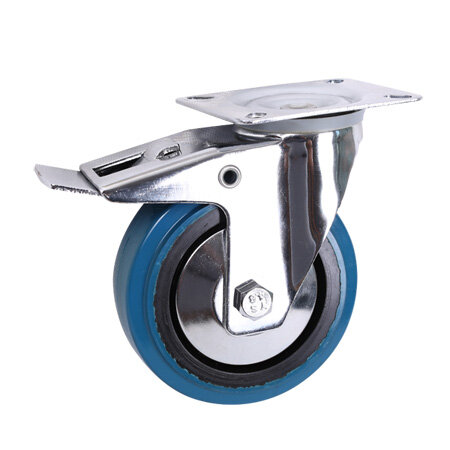 Blue Elastic Rubber Top Plate Swivel Caster With Brake
